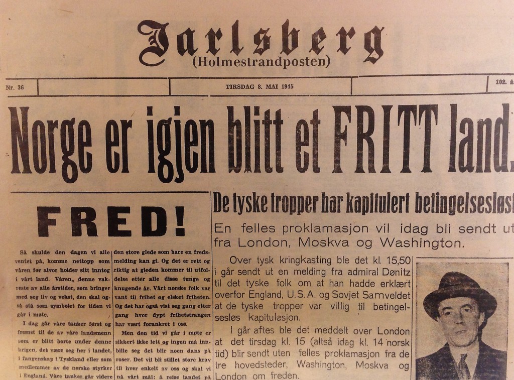 Forsiden til avisen "Jarlsberg" 8. mai 1945. Les mer om de siste månedene av krigen i boken "Krig og Fred - Vestfold våren 1945". E-forlag.no eller bokhandel.