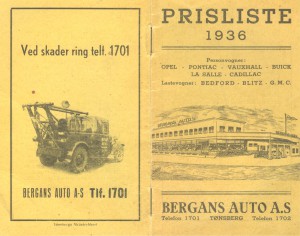 Opel var ett av flere bilmerker som var til salgs hos Bergans Auto. De hadde et samarbeid med General Motors som kjøpte seg inn i Opel i 1929, og i 1931 eide de hele bedriften. (Salgsoversikt fra 1936. Utlånt av Harry Nylèn) 