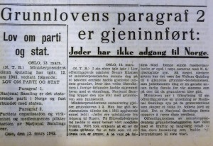 Kunngjøringen Sandefjords Blad, Tønsbergs Blad og Østlands-Posten 14. mars 1942. 