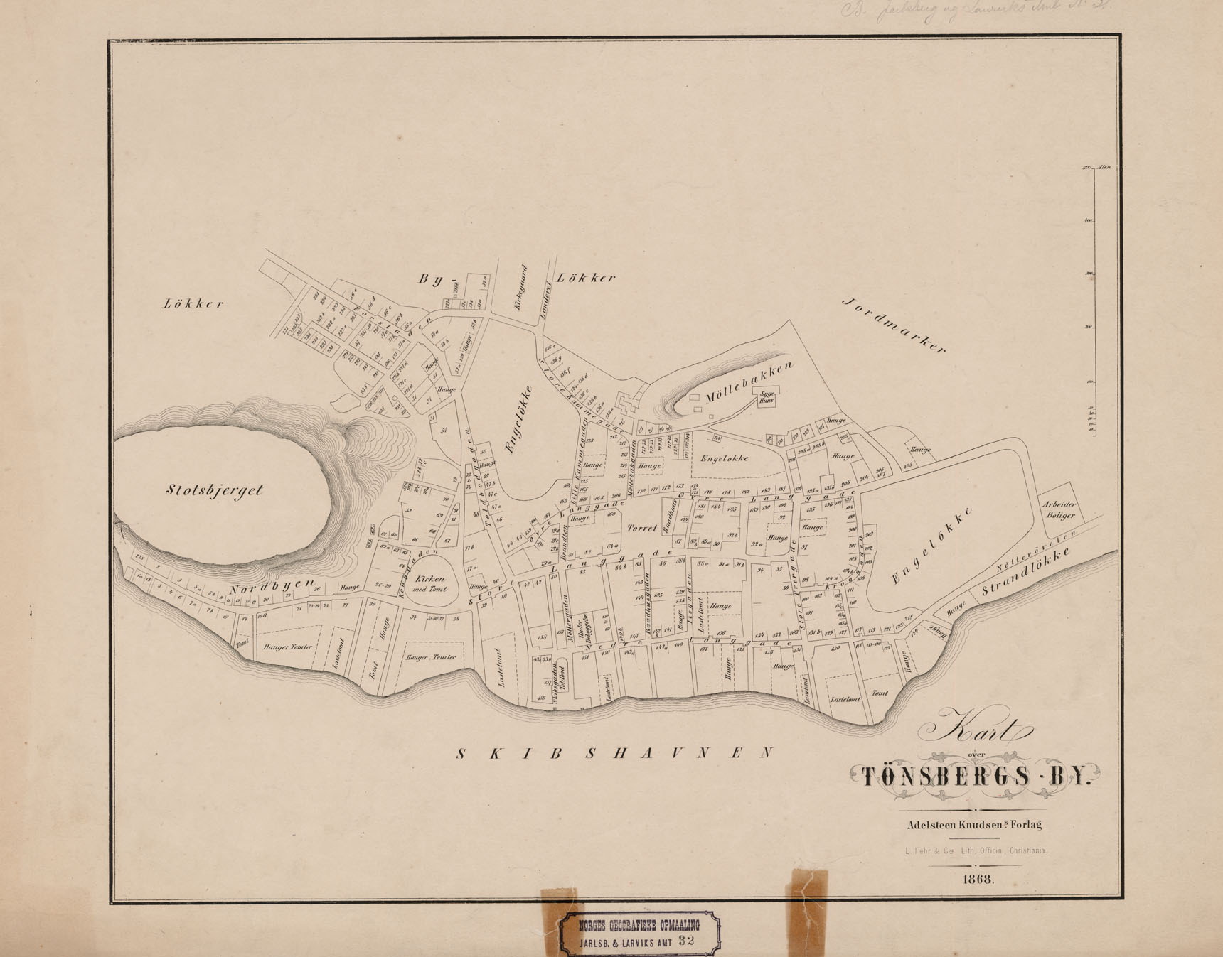 Kart over Tønsberg by fra 1868. Kartverket.no